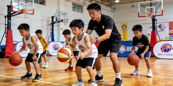 青少年篮球训练营活动现场 - 孩子们在专业教练指导下练习篮球基本动作