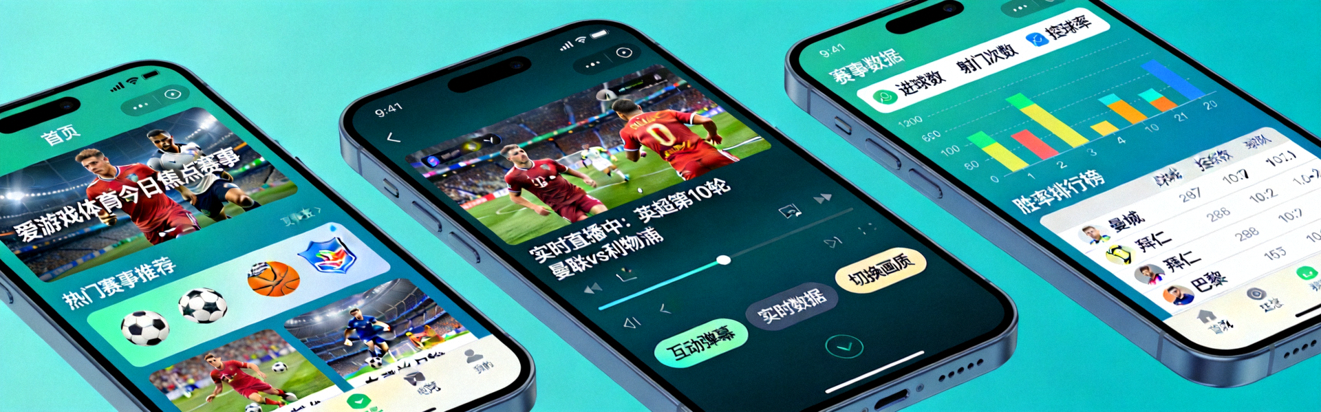 爱游戏体育移动端APP多界面展示 - 展示首页、赛事直播、数据统计等多个功能界面