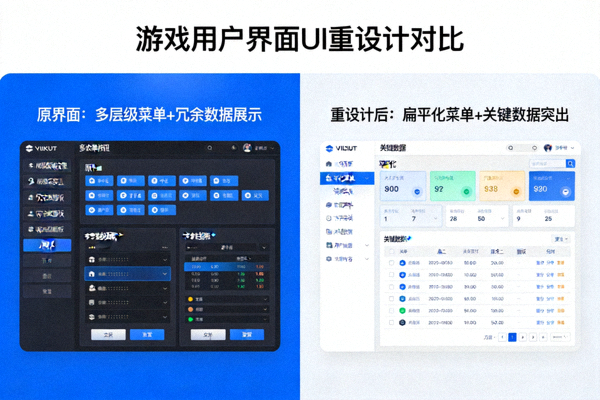 游戏用户界面UI重设计对比 - 展示更简洁直观的菜单与数据面板