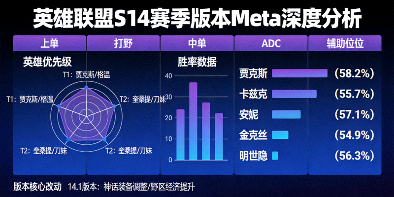 英雄联盟S14赛季版本Meta深度分析图表 - 展示各位置英雄优先级和胜率数据