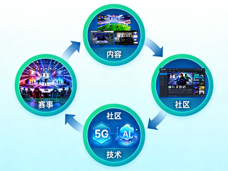 移动电竞新生态示意图 - 展示赛事、内容、社区、技术的完整闭环