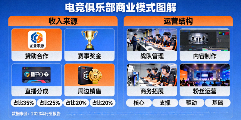电竞俱乐部商业模式图解 - 展示收入来源和运营结构