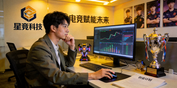 退役电竞选手转型创业故事 - 前选手在办公室工作的场景