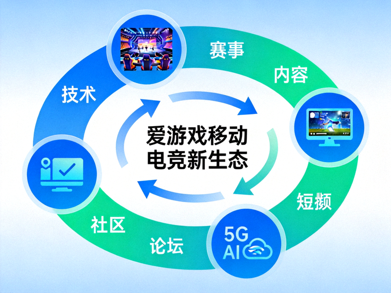 爱游戏移动电竞新生态布局示意图 - 展示赛事、内容、社区、技术的完整闭环