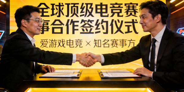 全球顶级电竞赛事合作签约仪式 - 爱游戏电竞与知名赛事方代表握手