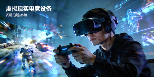 虚拟现实电竞设备技术展示 - 选手佩戴VR头盔进行沉浸式竞技比赛