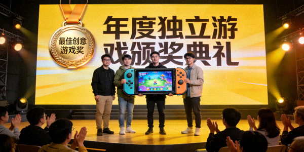 年度独立游戏颁奖典礼现场 - 获奖团队展示创意游戏作品