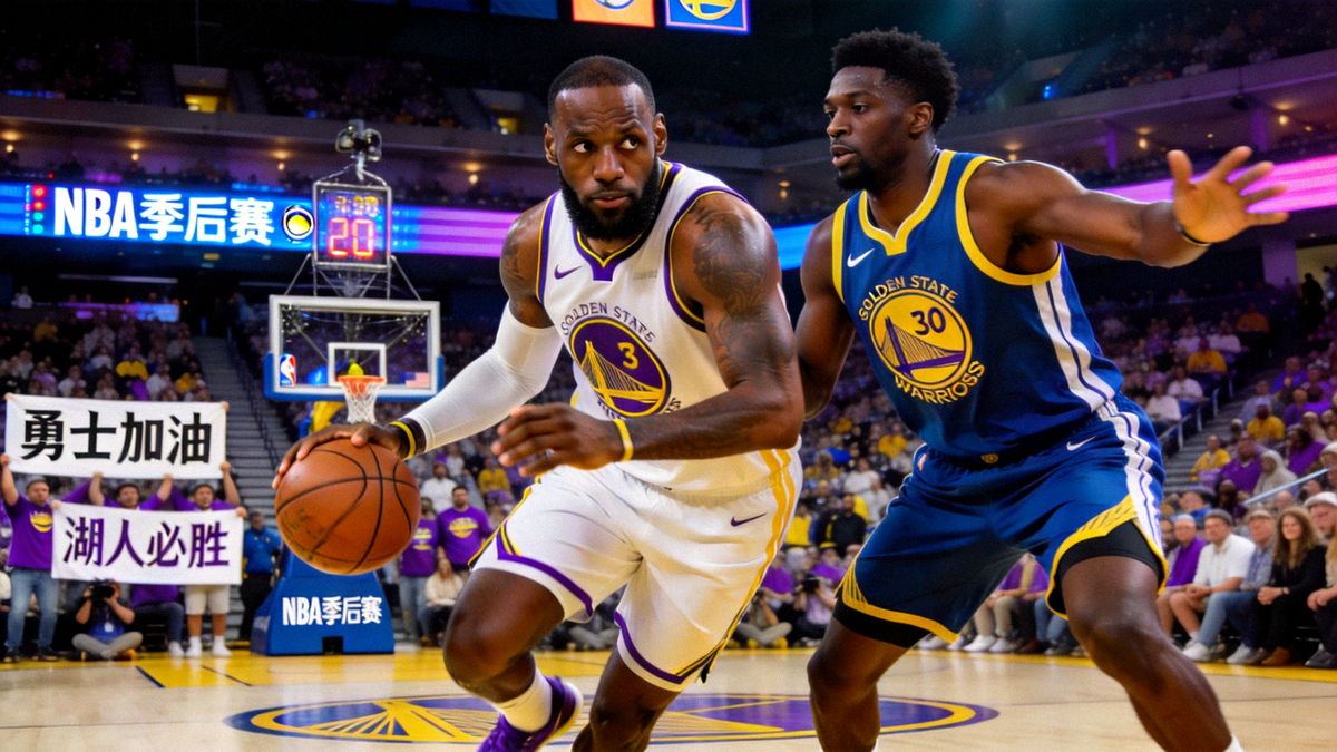 NBA季后赛湖人队逆转勇士队精彩瞬间，勒布朗·詹姆斯持球突破面对防守球员，背景为金州勇士主场观众