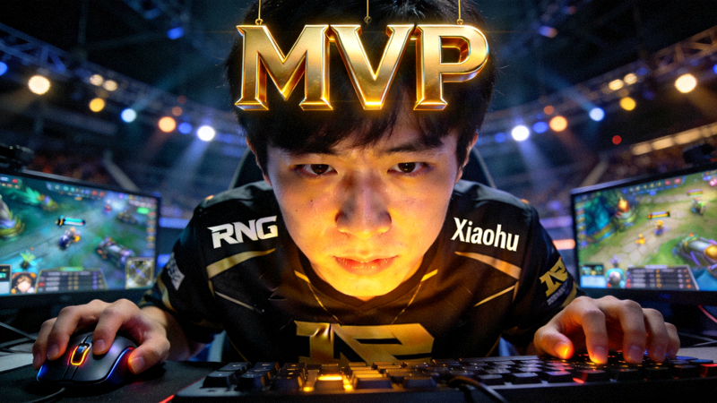 RNG中单选手Xiaohu获得本场MVP，在比赛中专注操作的特写