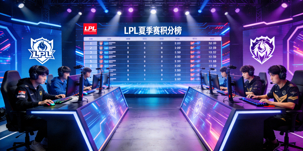 LPL夏季赛激烈对抗现场 - 两支顶级战队在舞台上全神贯注进行比赛，背后是巨大的积分榜屏幕