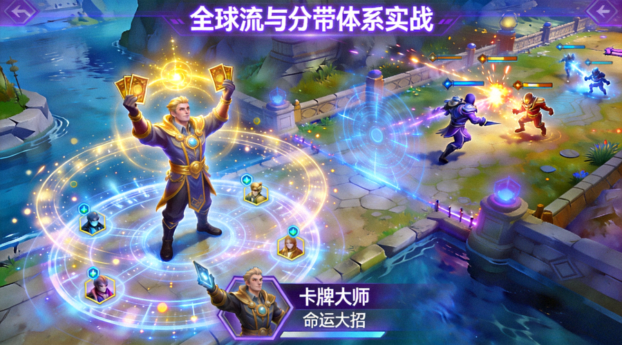 全球流与分带体系实战截图 - 卡牌大师开启命运大招支援边路队友的瞬间